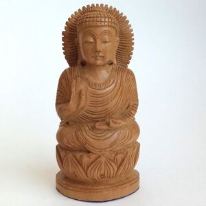 Vintage Sitting Buddha on Lotus Flower Wooden Hand Carved Sculpture Home Decor